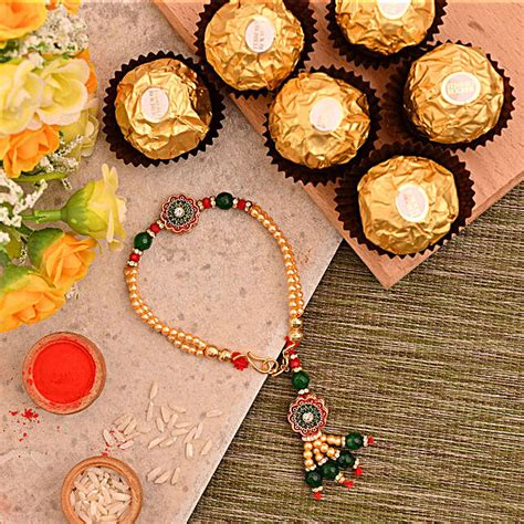 Green American Diamond Bracelet Style Rakhi With 3 Ferrero Rocher Exp