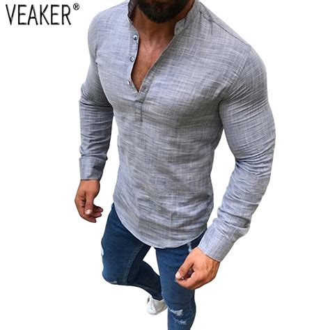 2018 New Mens Slim Fit Linen Shirts Male Mandarin Collar Sexy V Neck