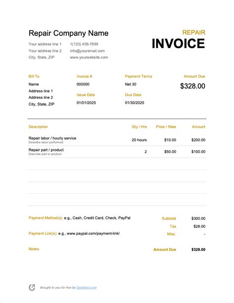 Free Repair Invoice Template Pdf Word Excel