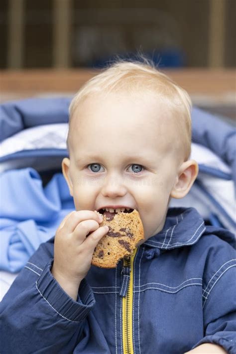 Um Beb Est Sentado Num Carrinho Um Biscoito Na M O Imagem De