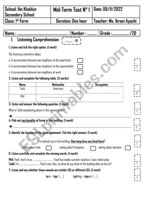 1st Form Mid Term Test N 1 ESL Worksheet By English Teacher 24