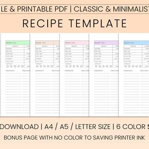 Recipe Book Template Pdf Printable Recipe Card Template Etsy