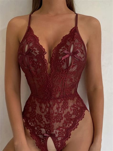 Floral Lace Scallop Trim Crotchless Teddy Bodysuit Shein Usa