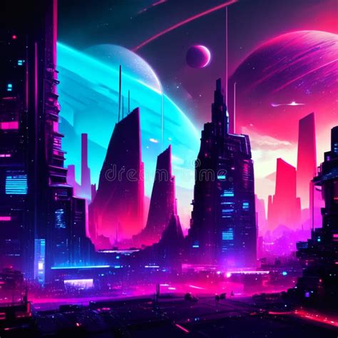 Futuristic City At Night With Neon Lights Futuristic Cityscape Vector