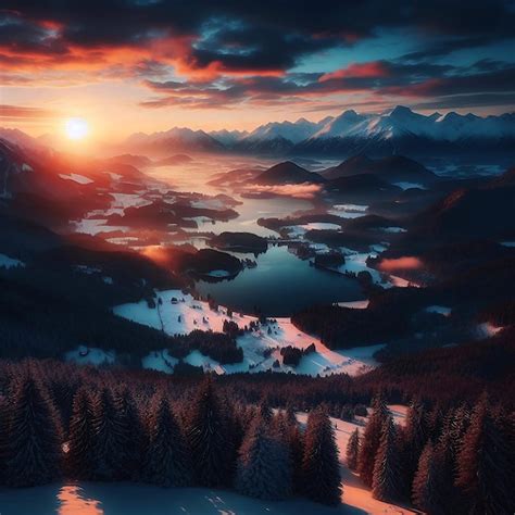 Premium Photo | A painting of a sunset over a mountain lake