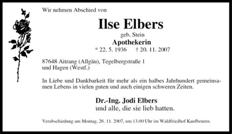 Traueranzeigen Von Ilse Elbers Trauer In NRW De