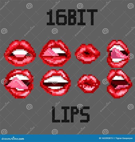 Pixel Art Lips Stickers Set Of Vector Illustrations Of Female Lips