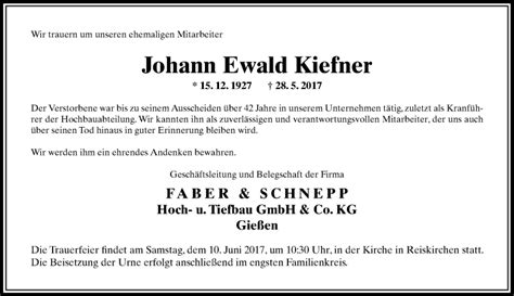 Traueranzeigen Von Johan Ewald Kiefner Vrm Trauer De