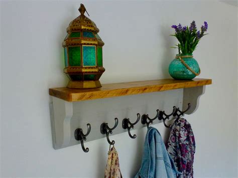 Rustic Hat Coat Rack Complete With Shelf And 6 Antique Cast Iron Hoo