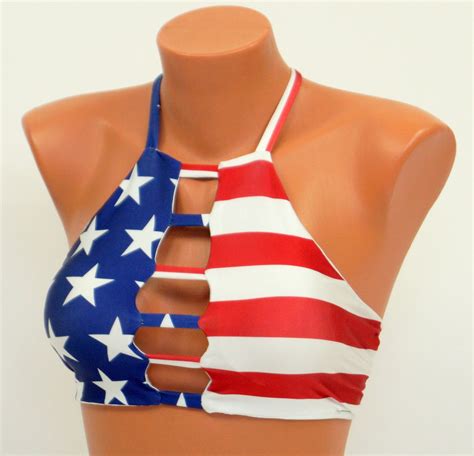 American Flag High Neck Halter Bikini Top Tie Side Scrunch Etsy