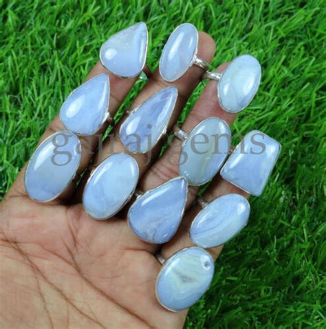 Pcs Natural Blue Lace Agate Gemstone Sterling Silver Bezel Rings