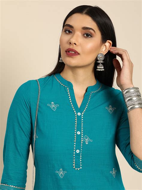 Buy Anouk Women Blue Ethnic Motifs Embroidered Regular Thread Work Pure