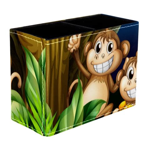 Cute Happy Monkeys In Deep Forest Pattern PVC Leather Brush Holder And