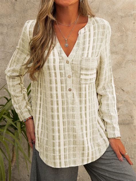 Roselinlin Striped Light Khaki Women Designers V Neck Casual Cotton