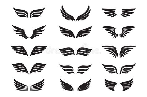 Set Of Black Angel Wings Vector Illustration And Outline Icons Stock