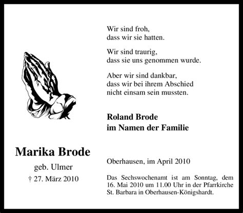 Traueranzeigen Von Marika Brode Trauer In NRW De