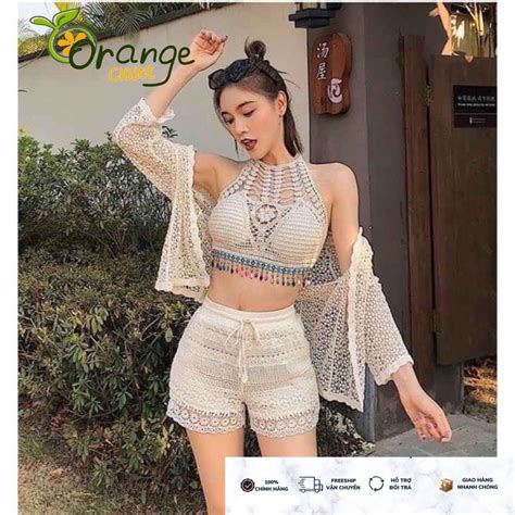 Bikini Len Móc Đi Biển 3 Món Có Bán Rời Bra Đính Hạt Quần Khoác Choàng