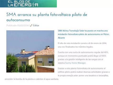 Sma Arranca Su Planta Fotovoltaica Piloto De Autoconsumo Ppt