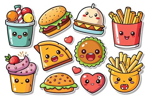 Cute Cartoon Fast Food Stickers Premium AI Generated Vector