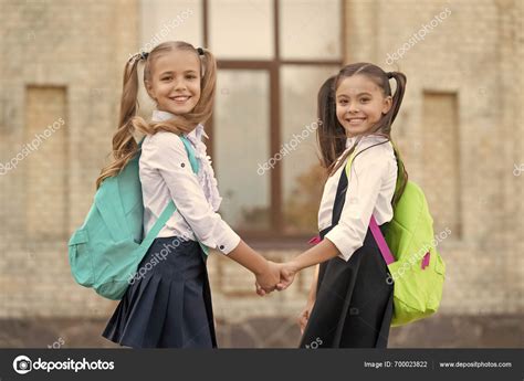 Positive Two School Girls Best Friends Together Outdoor — Stock Photo