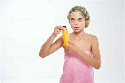 Woman With Pink Towel Nude Ringlets Cream Skin Care Light Background 22070818 Stock Photo At