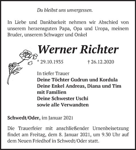 Traueranzeigen Von Werner Richter M Rkische Onlinezeitung Trauerportal