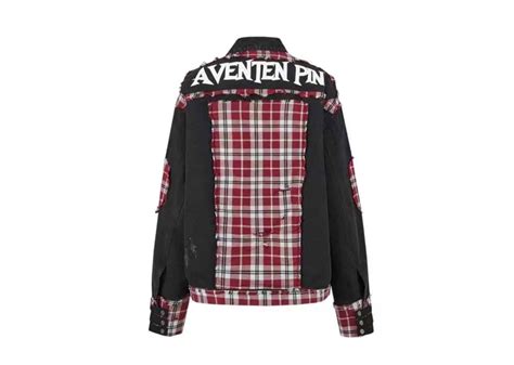 Buy Aventen Pin Ripped Plaid Patch Denim Jacket Black Online In