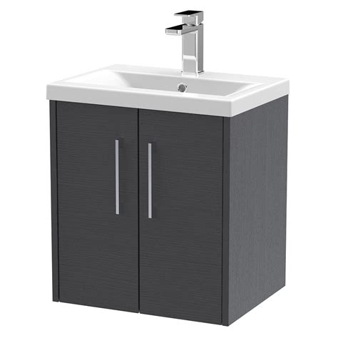 Hudson Reed Juno 500mm Wall Hung 2 Door Basin Unit And Thin Edged Basin Graphite Grey Woodgrain