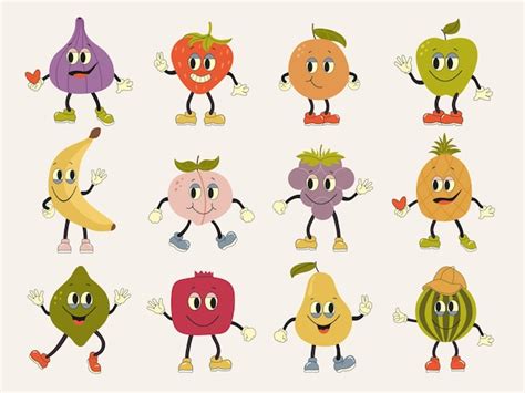 Frutas Retro Personajes De Dibujos Animados Funky Groovy Frutas