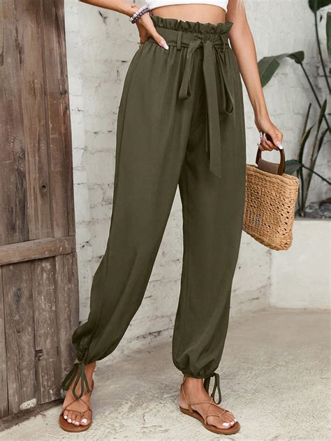 SHEIN LUNE Paperbag Waist Knot Hem Belted Pants SHEIN USA