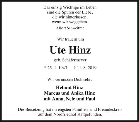 Traueranzeigen Von Ute Hinz Trauer In Nrw De