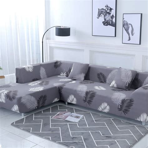 SHANNA 2 Piece Polyester L-Shape Slipcovers, Black Feather Leaves