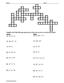 Order Of Operations Crossword Puzzle Ii No Negative Integers By Maya