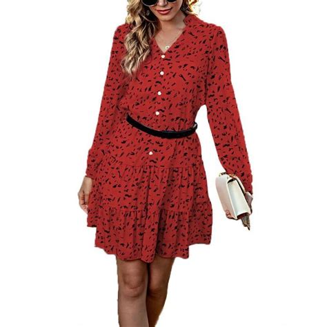 Cheap Female Long Sleeve Floral Printing Dress Casual Slim Ladies V