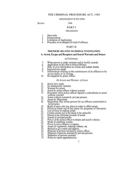 Criminal Procedure Act THE CRIMINAL PROCEDURE ACT 1985 ARRANGEMENT