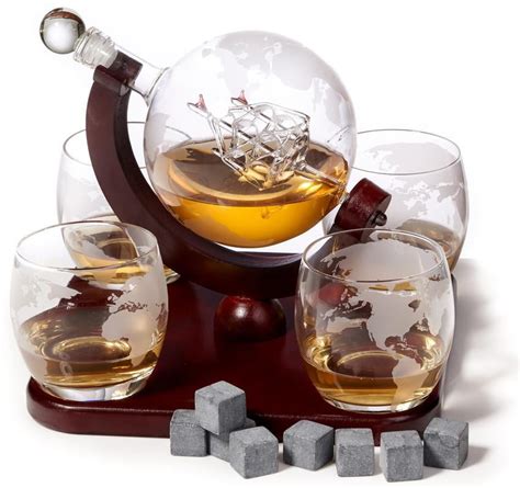 Elegant Whiskey Decanter Set Etched Globe Design With 4 Glasses On Tray Impressive Bar Set