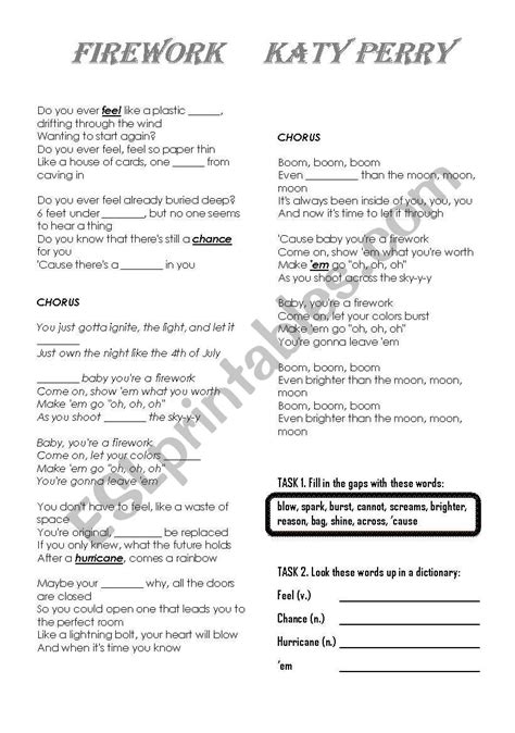 Firework Katy Perry Esl Worksheet By Xdyegirl