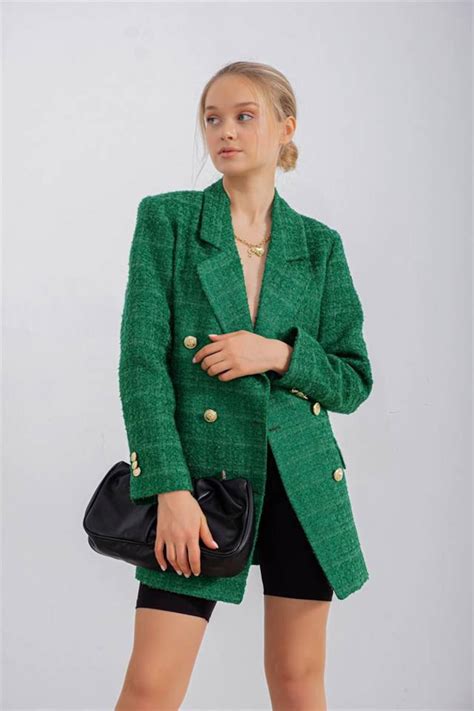 Emerald Green Double Breasted Plaid Tweed Blazer Chic Slim Etsy