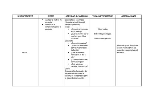 Plan de intervenciòn THP SESION OBJETIVO METAS ACTIVIDAD DESARROLLO