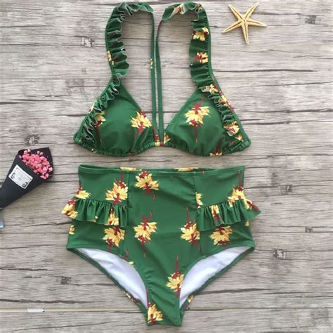 2018 Sexy Beach Womens Bikini Set Floral Print High Waist Sexy Beach