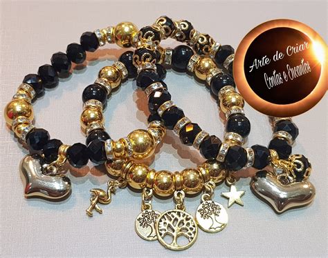 Mix De Pulseiras Preto E Dourado Elo Produtos Especiais