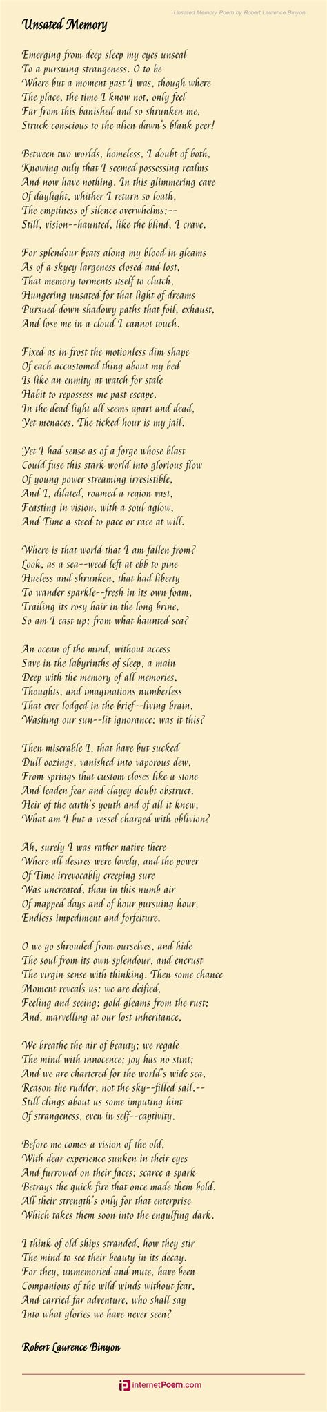 Unsated Memory Poem by Robert Laurence Binyon