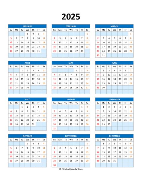 Editable calendar template 2025