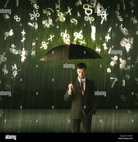 Businessman Standing With Umbrella And 3d Numbers Raining Concept Stock