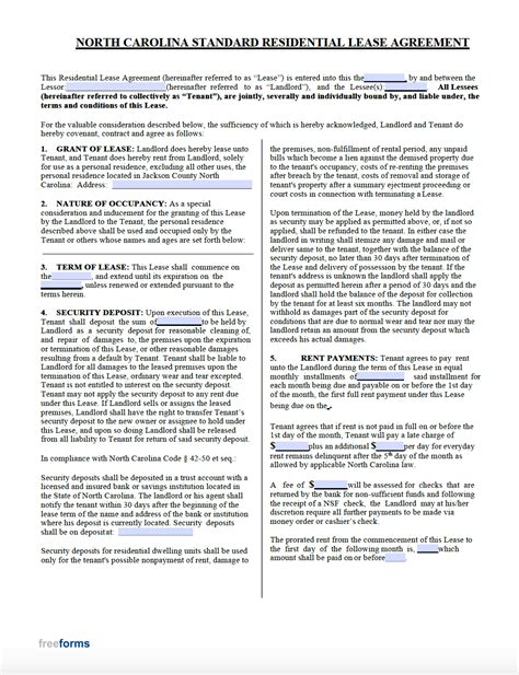 Free North Carolina Standard Residential Lease Agreement Template Pdf