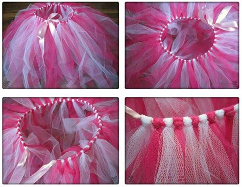 Four Different Pictures Of Pink Tulle With White Trims And Pearls On