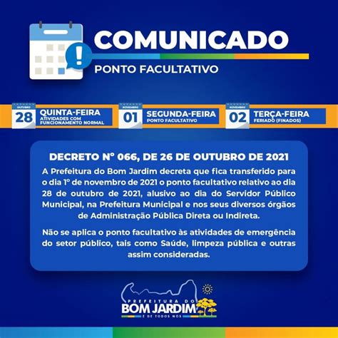 Comunicado Ponto Facultativo Prefeitura Municipal De Bom Jardim