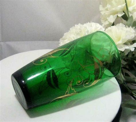 Three Vintage Emerald Green And Gold Leaves Tumblers Glasses 16 Etsy