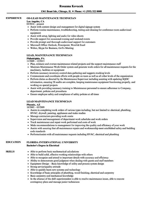 Lead Maintenance Technician Resume Samples Velvet Jobs