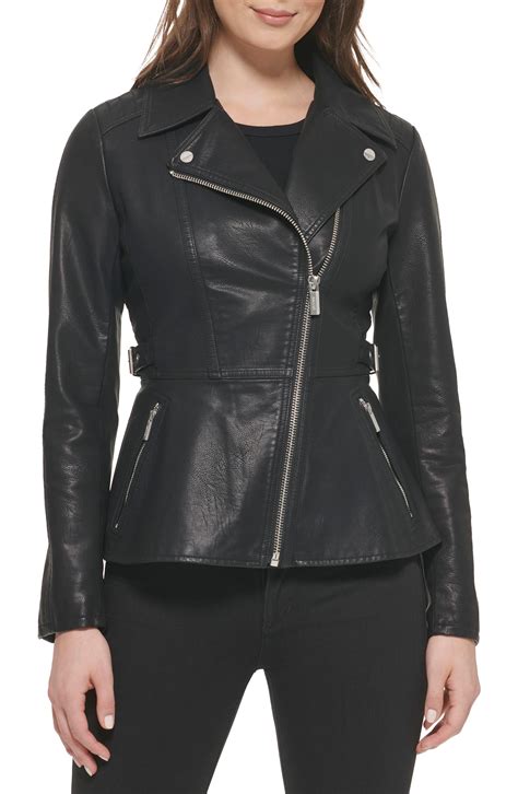 Guess Faux Leather Peplum Moto Jacket In Black Lyst